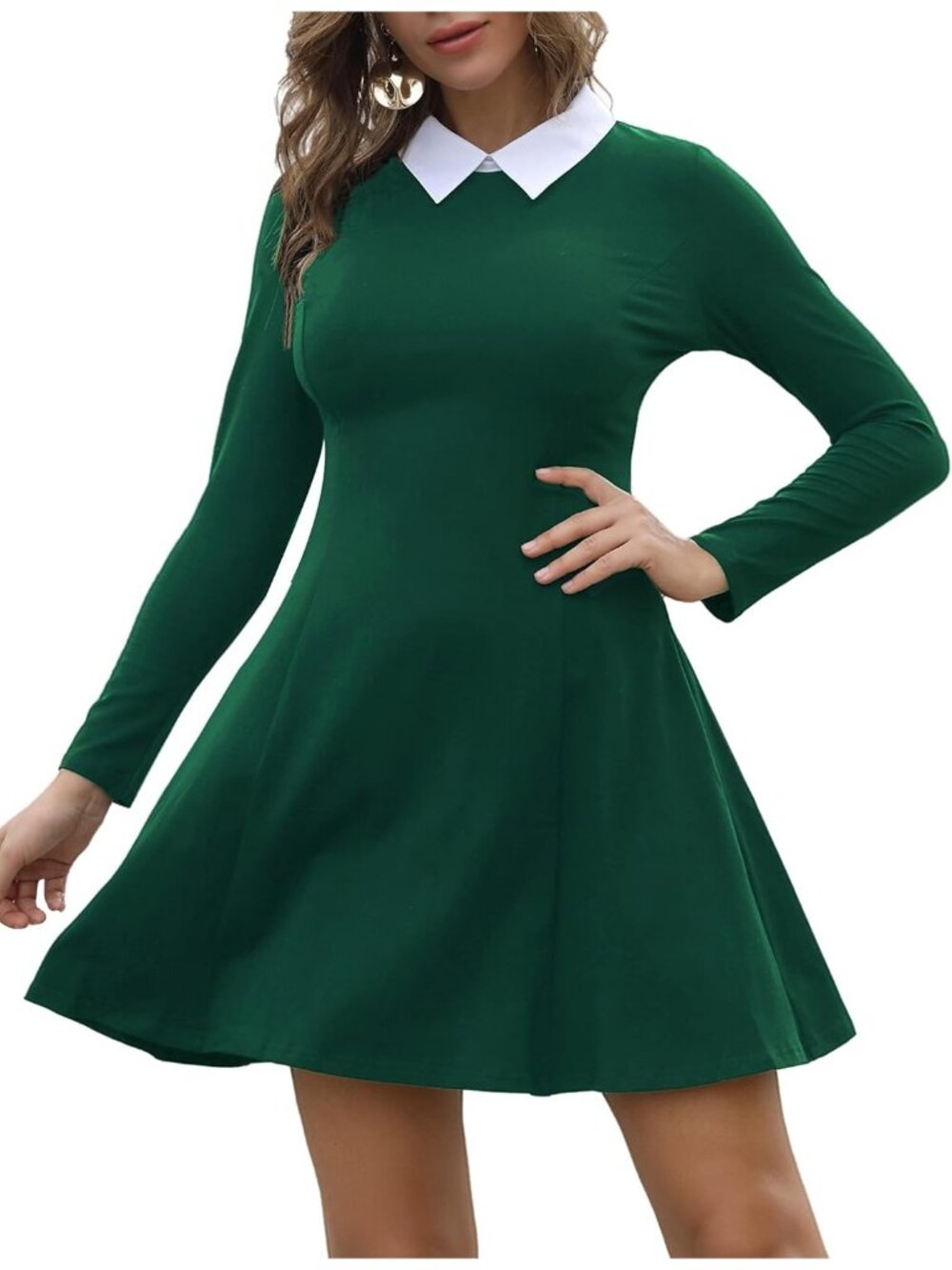 Women's Green Long Sleeve Peter Pan Collar A Line Fit & Flare Skater Goth Dress